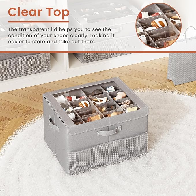 PHINOX Shoe Organizer for Closet, Fits up to 16 Pairs, Shoe Storage Bins with Clear Cover and Reinforced Handles, Foldable Shoe Storage Organizer, Space Saving Shoe Holder for Wardrobe, 1 Pack Grey