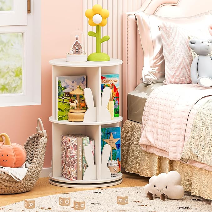 HONEY JOY Kids Rotating Bookshelf, Wooden Spinning Small Corner Organizer w/Baffles, 360°Display Standing Toddler Bookshelf, Narrow Storage Rack, Montessori Book Shelf for Nursery, Playroom (White)