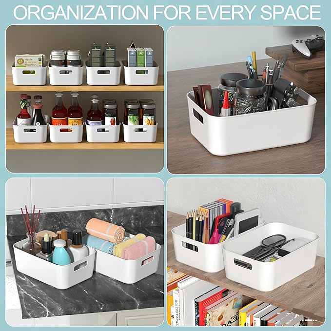 12 Pack Plastic Kitchen Organizing Storage Bins, White Snack Organizer for Pantry Shelf