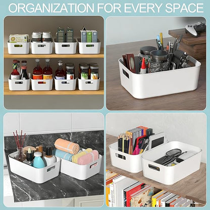 12 Pack Plastic Kitchen Organizing Storage Bins, White Snack Organizer for Pantry Shelf