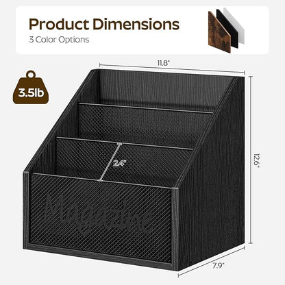Magazine Holder, Wood Magazine Rack Floor, Mail Organizer Countertop, Magazine Mail Holder Sorter, Record Holder for Magazines, Books, Newspapers, Tablets, Black MR02BB