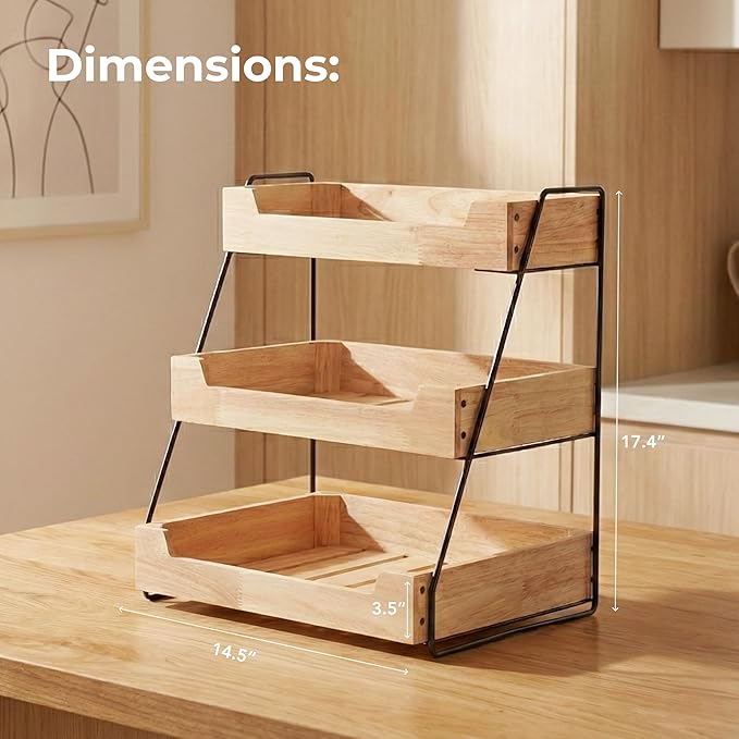 3-Tier Wooden Fruit Basket – Rubberwood Countertop Produce Storage with Metal Frame – Minimal Scandinavian Design Fruit Stand for Kitchen Counter, Space-Saving Tiered Basket Organizer