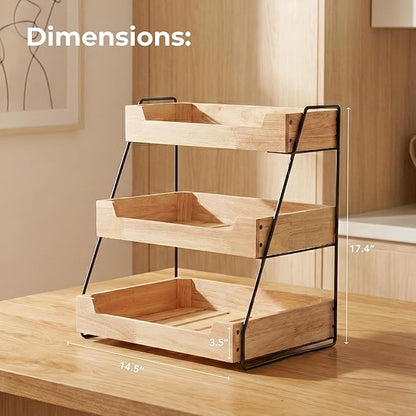3-Tier Wooden Fruit Basket – Rubberwood Countertop Produce Storage with Metal Frame – Minimal Scandinavian Design Fruit Stand for Kitchen Counter, Space-Saving Tiered Basket Organizer