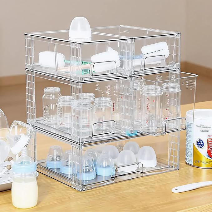 Stackable Storage Drawers(3 Pack),High-strength Clear Plastic Multi-purpose Organizer Bins with Handles, Easily Assemble Acrylic Drawers for Bathroom Closet Cabinet Pantry Under Sink