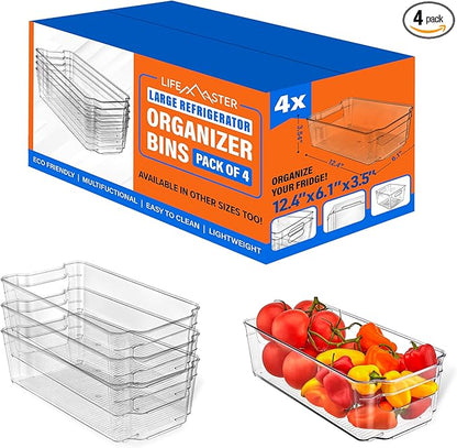 4-Piece Stackable Refrigerator Bin Organizer Set with Easy Grip Handles - Clear Multi-Purpose Storage Bins for Fridge and Pantry Use