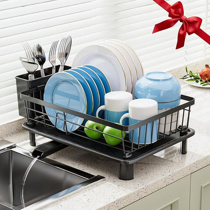 GAOKASE Dish Drying Rack, Stainless Steel Space-Saving Dish Rack, Dish Racks for Kitchen Counter, Kitchen Dish Drainers with Removable Utensil Holder,New Drain Outlet,Plate Rack and Drainboard, Black