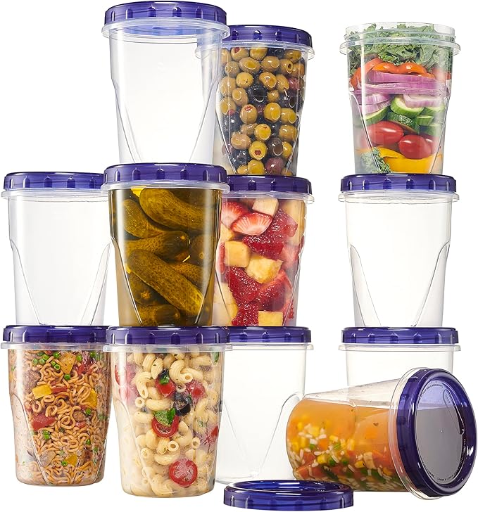 PLASTICPRO 12 Pack Twist Cap Food Storage Containers with Blue Screw on Lid- 32 oz Reusable Meal Prep Containers - Freezer and Microwave Safe Blue Plastic Food Storage