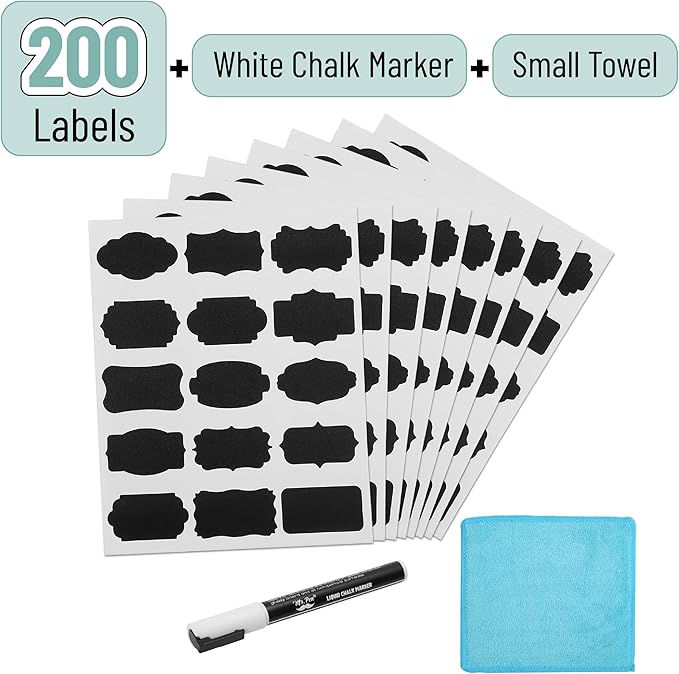 Mr. Pen- Chalkboard Labels, 200pc, Assorted Shapes, 1 White Chalk Marker and Small Towel