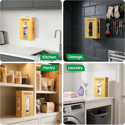 Extra Large Bamboo Grocery Bag Holder for Plastic Bags, Under Sink Cabinet or Wall Mounted Organizer, Space-Saving Bag Dispenser for Kitchen, Pantry, Laundry Room, Garage