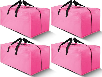 Cosy Family 4 Pack Heavy Duty Extra Large Moving Bags with Backpack Straps - Strong Handles & Zippers, Storage Totes For Space Saving, Fold Flat, Alternative to Moving Box, Pink