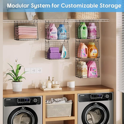 3-Pack Extra-Tall 13.6'' Hanging Laundry Basket Organizer, Foldable Wire Shelf with 360° Rotating Hooks & Reinforced Height - Durable Space-Saving Laundry Room & Closet Organizer, Black Patent