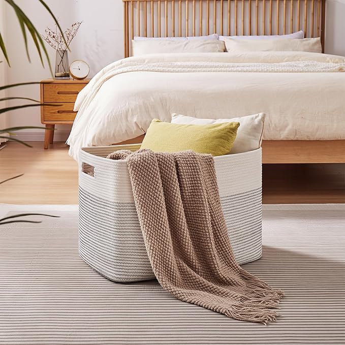 OIAHOMY 108L Extra Large Blanket Basket, 25”x16”x16” Laundry Basket, Blanket Storage for Living Room, Dog Toy Storage with Handle - Black & White