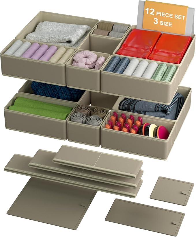 Drawer Organizer – 12 Pack Foldable Beige Fabric Storage Bins for Baby Clothes, Dresser, Closet, Towels, Socks, Diapers | Nursery & Bedroom Drawer Dividers for Home Organization