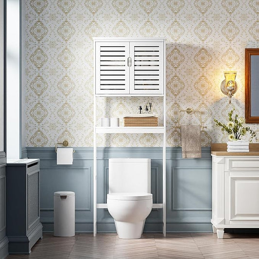 SMIBUY Bathroom Over The Toilet Storage Cabinet, 2 Door Bamboo Cabinet Organizer, Freestanding Space Saver Toilet Rack with Adjustable Inside Shelf and Open Shelf (White)