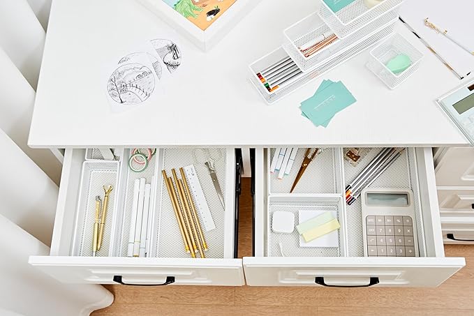 Annova Stackable Mesh Drawer Cabinet and Shelf Organizer Bins Storage Basket School Office Supply Holder Tray- Set of 2 (White, 3x3x2 Inch)