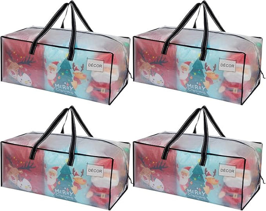VENO 4 Pack Heavy Duty Moving Bags, Christmas Storage Bins with Lids, Clear Design, Alternative to Moving Boxes, Storage Bags for Clothes, Blankets, Comforters, Pillows, Camping (Clear, 4 Pack)