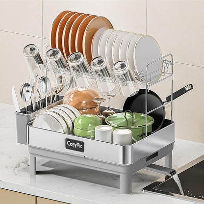 CosyPic 2 Tier Dish Drying Rack, Thicker Premium 304 Stainless Steel Dish Racks for Kitchen Counter, Automatic Drainage Spout, Dish Drainer & Drainboard Set with Utensil Holder and Cup Holder, Grey