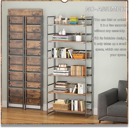 4NM No Assembly 6 Tiers Collapsible Book Shelves, 61.8" H Folding Bookshelf Bookcase Open Industrial Foldable Shelves for Bedroom, Living Room, Home Office - Rustic Brown Black