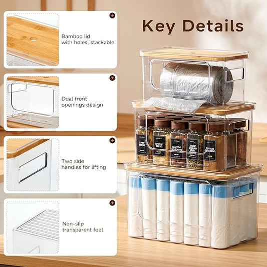 Trash Bag Holder 3-Pack,Trash Bag Dispenser with Bamboo Lid, Stackable Acrylic Garbage Bag Dispenser for Under Sink Use in Kitchen, Laundry Room, and Pantry, Large Capacity Garbage Bag Holder