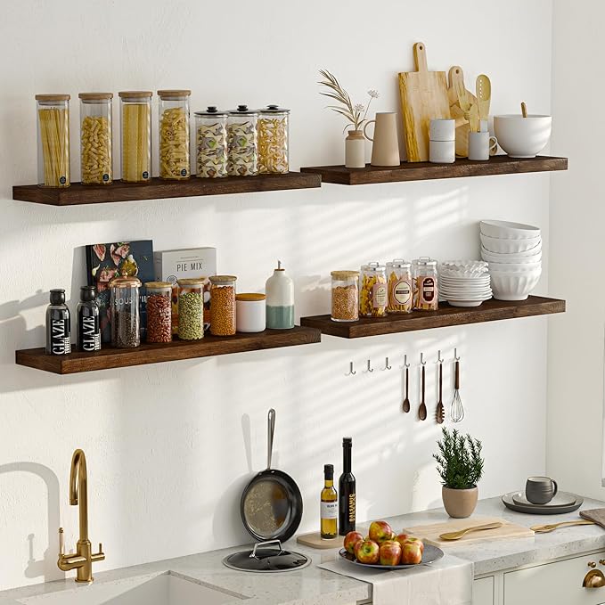 Fun Memories Floating Shelves for Wall Set of 2, Rustic Solid Elm Wood Wall Shelves 36 Inch - Invisible Bracket Mount for Living Room, Bathroom, Bedroom, Kitchen, Walnut