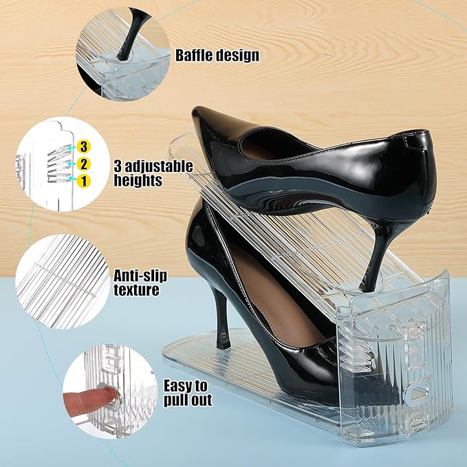 Clear Shoe Slots Organizer with Adjustable Height, Acrylic Closet Stacker Display, Storage Shoe Rack Organizer, Double Layer Holders for Shelf Wardrobe Space Saving(Clear,60 Pack)