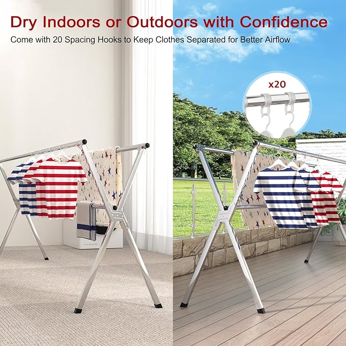 Clothes Drying Rack, Heavy-Duty Folding Laundry Drying Rack for Indoor Outdoor Use, 50.4-78.7" Extendable Stainless Steel, Space-Saving Design, Foldable Freestanding Airer