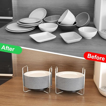 Adjustable Dish Rack for Kitchen Counter - Bamboo Plate Holder Organizer for Cabinet Wooden Bowl Organizer Stainless Steel Plate Stand Storage for Kitchen Drawer Countertop Cupboard Shelf RV