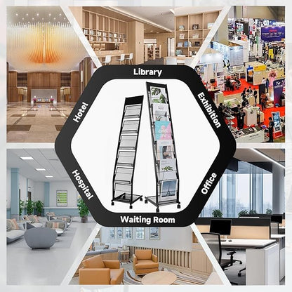Floor-Standing Magazine Rack 6-Layer with Wheels, Brochure Display Stand for Exhibitions, Office, and Any Organization Requiring Information Display