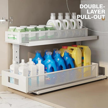 2 Pack 21.3IN-Depth Under Sink Organizer With Next-Gen Ball-Bearing Slides,2-Tier Pull Out Cabinet Storage,Height Adjustable Drawer Shelf for Bathroom,Kitchen,Laundry,Cabinet,Pantry-White