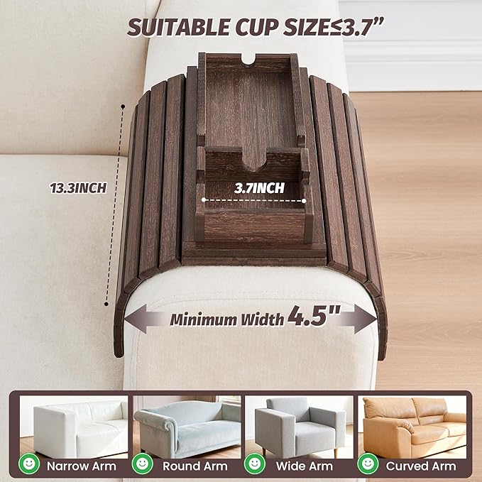 GEHE Detachable Couch Cup Holder, Anti Falling Sofa Arm Tray, Natural Bamboo Sofa Cup Holder More Safe for You Family, Portable Couch Arm Tray Armrest Table for Remote, Snacks, Phone, Drinks