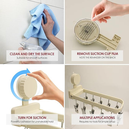 Foldable Laundry Drying Rack with 15 Clips, Wall Mount Suction Cup Hanger for Socks Undergarments Towels, Space Saving Clothes Organizer, Cream White