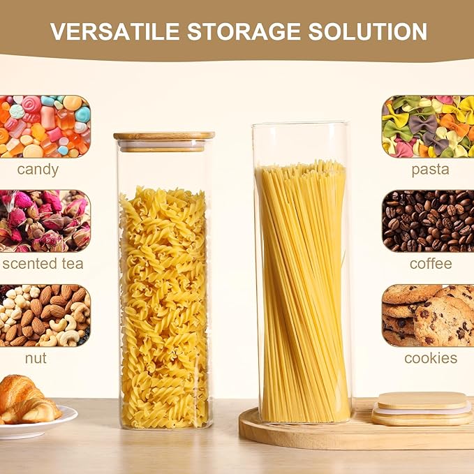 Glass Food Storage Jars with Lids(2.2QT)Square Set of 3 ,Glass Storage Containers Clear Glass Food Canister with Bamboo Lid Airtight For Serving Tea, Coffee Beans, Flour,Cookie, Cereal,Spice and More