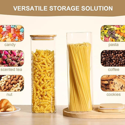 Glass Food Storage Jars with Lids(2.2QT)Square Set of 3 ,Glass Storage Containers Clear Glass Food Canister with Bamboo Lid Airtight For Serving Tea, Coffee Beans, Flour,Cookie, Cereal,Spice and More