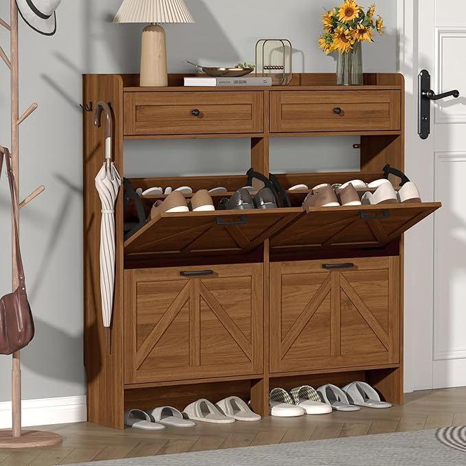 Shoe Cabinet with 4 Flip Drawers & 2 Storage Drawers, Rustic Farmhouse Narrow Shoe Organizer Cabinet, Slim Shoe Rack Cabinet, Shoe Storage Cabinet for Entryway, Hallway, Front Door