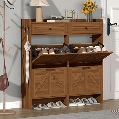 Shoe Cabinet with 4 Flip Drawers & 2 Storage Drawers, Rustic Farmhouse Narrow Shoe Organizer Cabinet, Slim Shoe Rack Cabinet, Shoe Storage Cabinet for Entryway, Hallway, Front Door