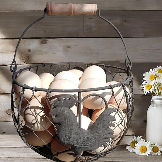 LINCOUNTRY. Chicken Wire Egg Basket for Gathering Fresh Eggs with Handle, Round Metal Egg Collecting Basket Countertop Storage Container Holder, Vintage Rustic Farmhouse Rooster Decor Kitchen