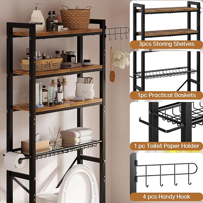 Insdiy Over-The-Toilet Storage Rack, 4 Tier Bathroom Shelf Organizer Over Toilet with Adjustable Shelves, Basket, Hooks, Paper Holder, Quick Interlock Install & Water-Resistant Shelves (Vintage Brown)