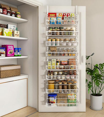 Over The Door Pantry Organizer, Wall Mount Spice Rack, Pantry Hanging Storage and Organization, 8 Adjustable Baskets Heavy-Duty Metal for Home & Kitchen, Back of Door Seasoning Rack - White