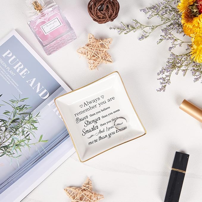 Spegiffu Inspirational Gifts for Women Trinket Dish with Positive Quotes - Always Remember You are Braver Stronger Smarter Than You Think, Motivational Gifts for Women Encouragement Cheer Up Gift
