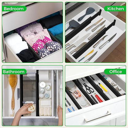 4 Pack Bamboo Drawer Dividers Organizer with Inserts 2.6'' High, Expandable from 12.5-21.7", Adjustable Drawer Organizer Separators for Utensils, Clothing, Office, Dresser, Bedroom, (Black)
