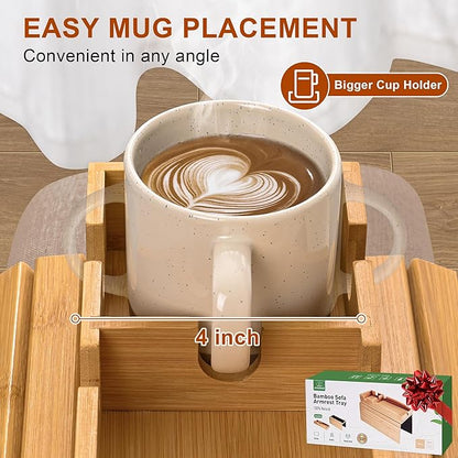 Joy&Grace Couch Cup Holder, 3-in-1 Magnetic Detachable Couch Arm Tray, Bamboo Sofa Armrest Table with Anti-Slip Pad, Sofa Armrest Tray Table (Natural)