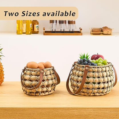Farmhouse Oval Egg Baskets for Collecting Fresh Eggs,Small Wicker Basket with Handle,Garden Harvest Basket for Gathering Vegetables,Fruit Basket Bin for Kitchen,Garden,Picnic (Round-S)
