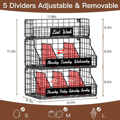 Egg Basket for Countertop, Egg Holder Countertop with 5 Dividers & Labels, 3 Tier Stackable Wire Storage Baskets to Keep Eggs Organized, Optimized Height Egg Storage for Coutertop Cabinet, Black