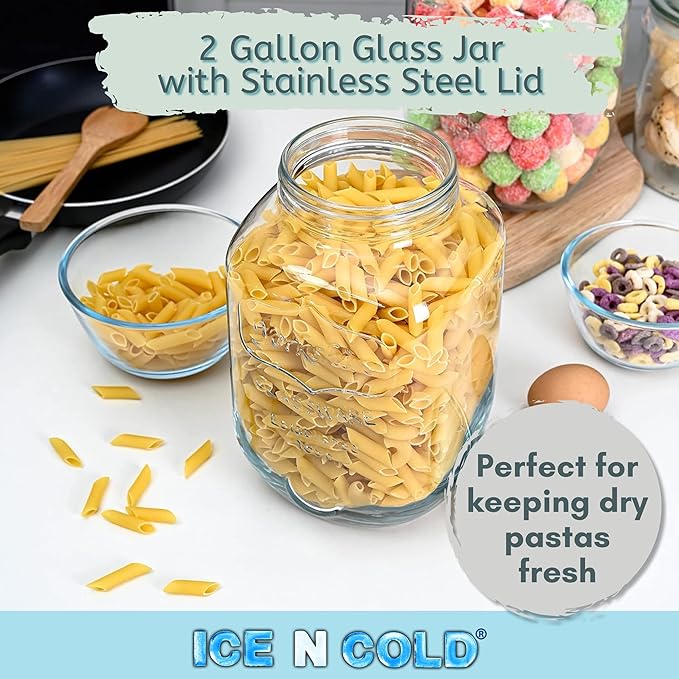 2 Gallon Glass Jar / 8-Liter Capacity / 270 Ounce Capacity – Clear Wide Mouth Container for Storage, Kitchen, Pantry, and Laundry.