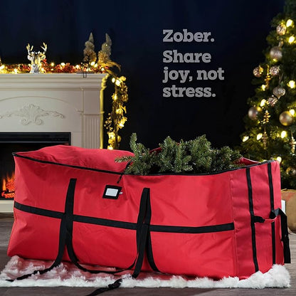 ZOBER Wide Christmas Tree Storage Bag - Maximum Accessibility - Fits 9 Ft Trees - 600D Oxford Fabric Christmas Tree Bag For Storage Box For Xmas - Strong, Durable Straps & Handles - Card Slot - Red