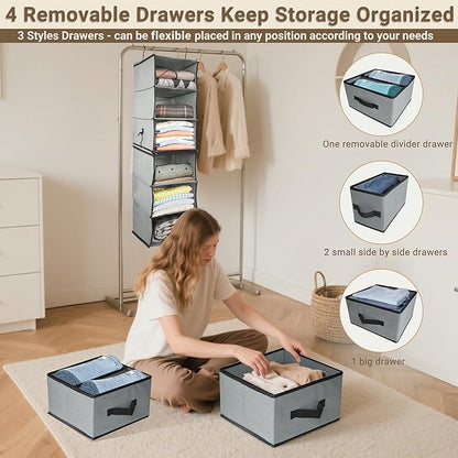 2-in-1 Durable 6-Tier Hanging Shelves with 4 Removable Drawer,2 Separable 3-Tier Thickened Fabric Hanging Closet Clothes Storage Organizer Space-saving for Dorm,RV,Guestroom,Bedroom,Bathroom