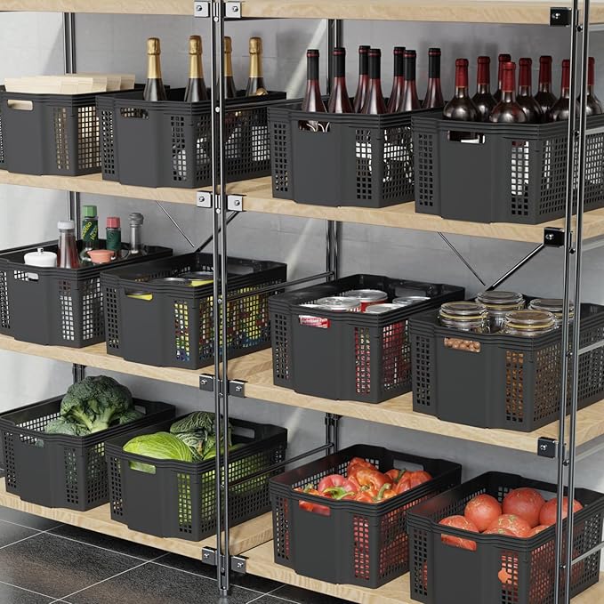 Set of 12 Plastic Large Basket for Pantry Organizing, Plastic Stackable Storage Basket Organizer for Shelf, Black