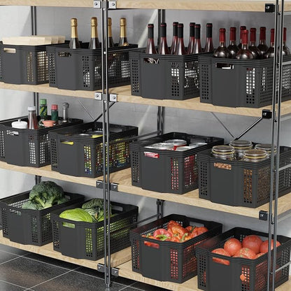 Set of 12 Plastic Large Basket for Pantry Organizing, Plastic Stackable Storage Basket Organizer for Shelf, Black