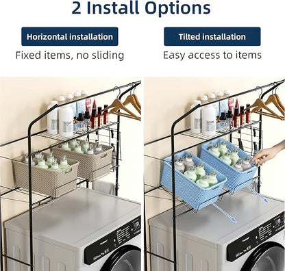 Laundry Room Storage Shelf, 2 Tier Metal Over Washer and Dryer Shelves, Washing Machine Shelf with Hanger Rods & Hooks, Expandable Bathroom Space Saver Shelf, 26–36.8" L x 18.3" W x 73.8" H, Black