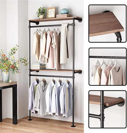 DR.IRON Industrial Pipe Clothing Racks with 2 Tier Shelves, Wall Mounted Black Clothes Rack with Double Hanging Rods Heavy Duty Garment Storage Rack Display Racks Rod for Clothes,Laundry Room
